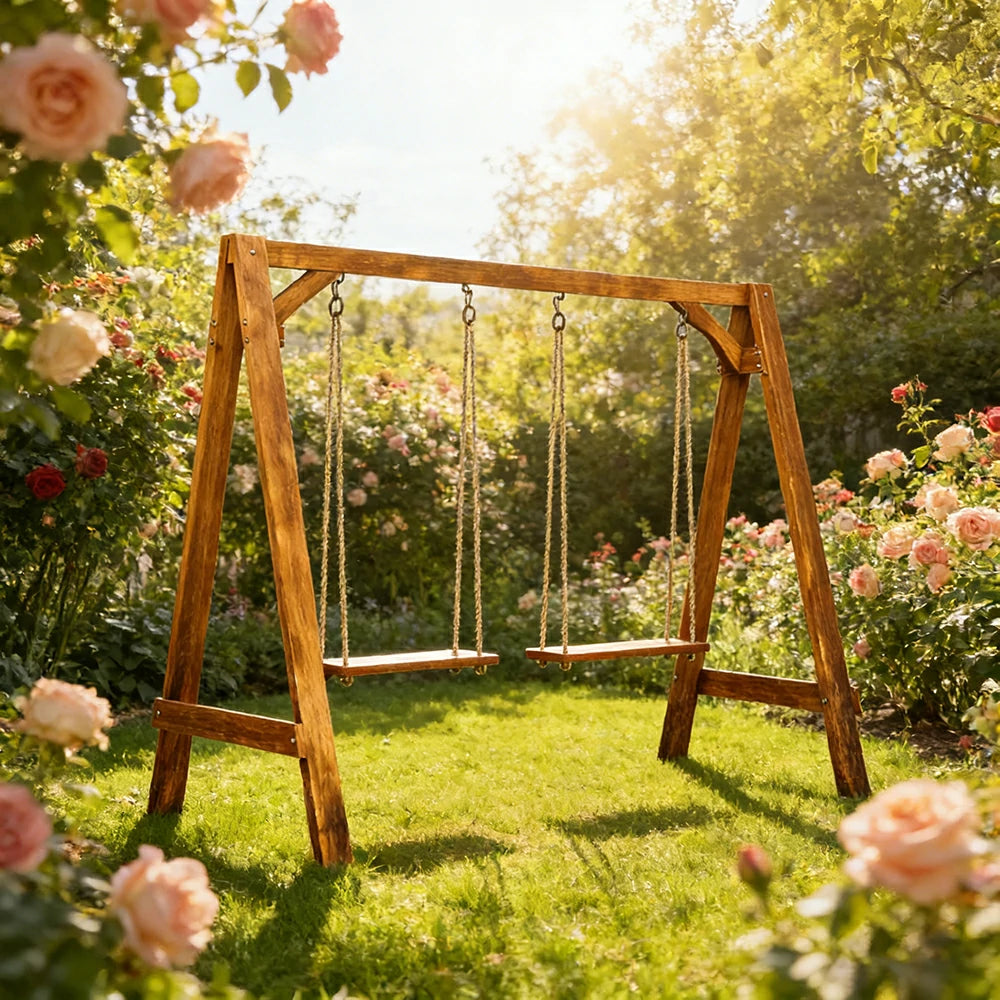 SOLARA 125/212/263cm Outdoor Swing Set Triangular Frame Solid Pine Wood ACQ Treated Heavy-Duty Rope Support - Brown