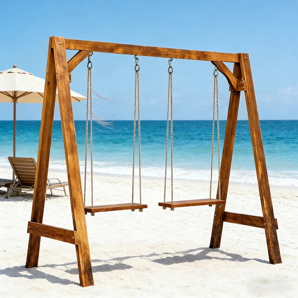 SOLARA 125/212/263cm Outdoor Swing Set Triangular Frame Solid Pine Wood ACQ Treated Heavy-Duty Rope Support - Brown