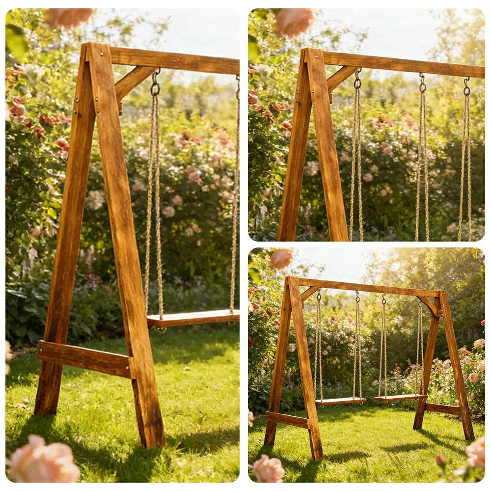SOLARA 125/212/263cm Outdoor Swing Set Triangular Frame Solid Pine Wood ACQ Treated Heavy-Duty Rope Support - Brown