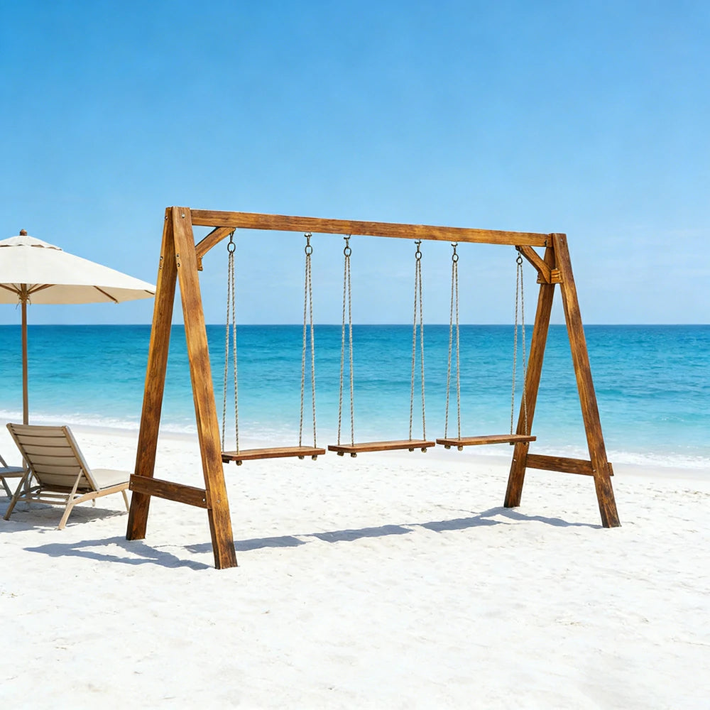 SOLARA 125/212/263cm Outdoor Swing Set Triangular Frame Solid Pine Wood ACQ Treated Heavy-Duty Rope Support - Brown