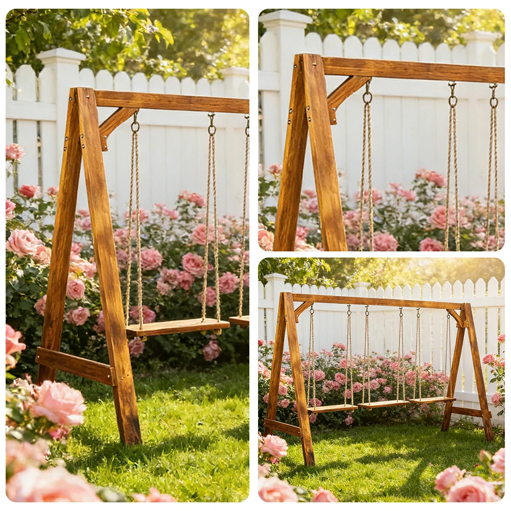 SOLARA 125/212/263cm Outdoor Swing Set Triangular Frame Solid Pine Wood ACQ Treated Heavy-Duty Rope Support - Brown