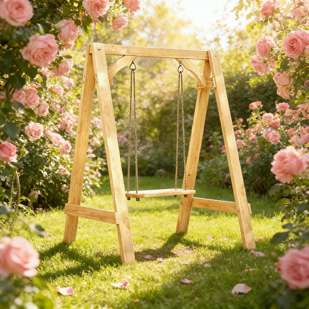 SOLARA 125/212/263cm Outdoor Swing Set Triangular Frame Solid Pine Wood ACQ Treated Heavy-Duty Rope Support - Yellow