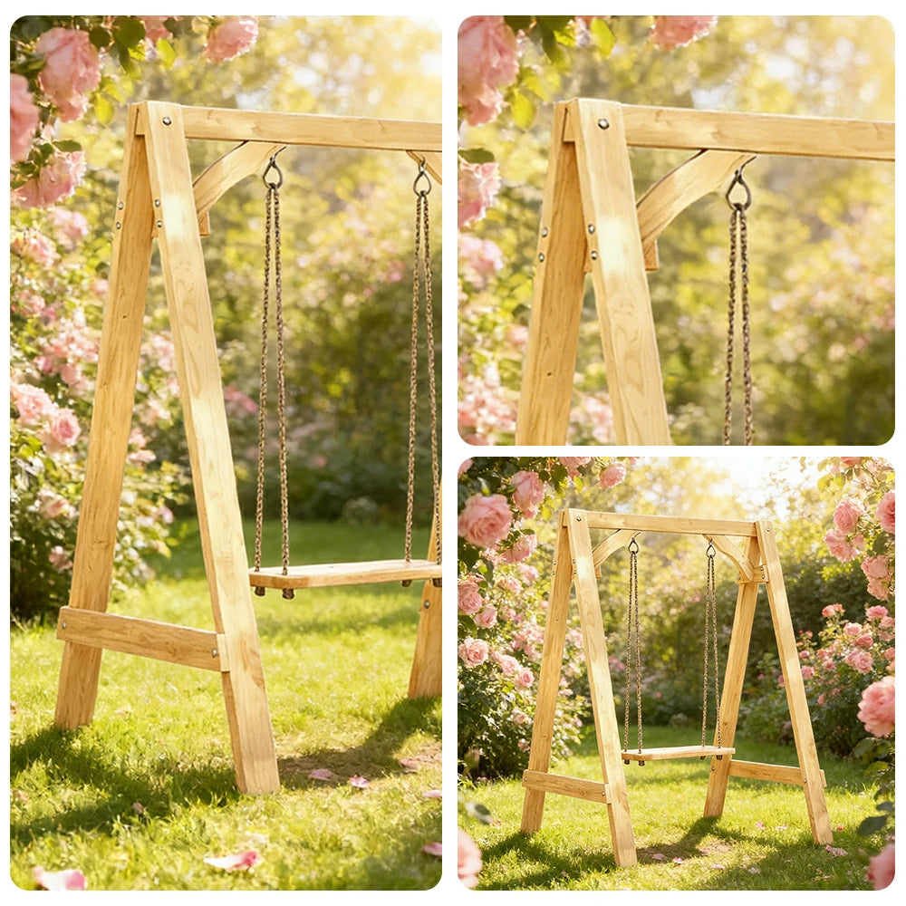 SOLARA 125/212/263cm Outdoor Swing Set Triangular Frame Solid Pine Wood ACQ Treated Heavy-Duty Rope Support - Yellow