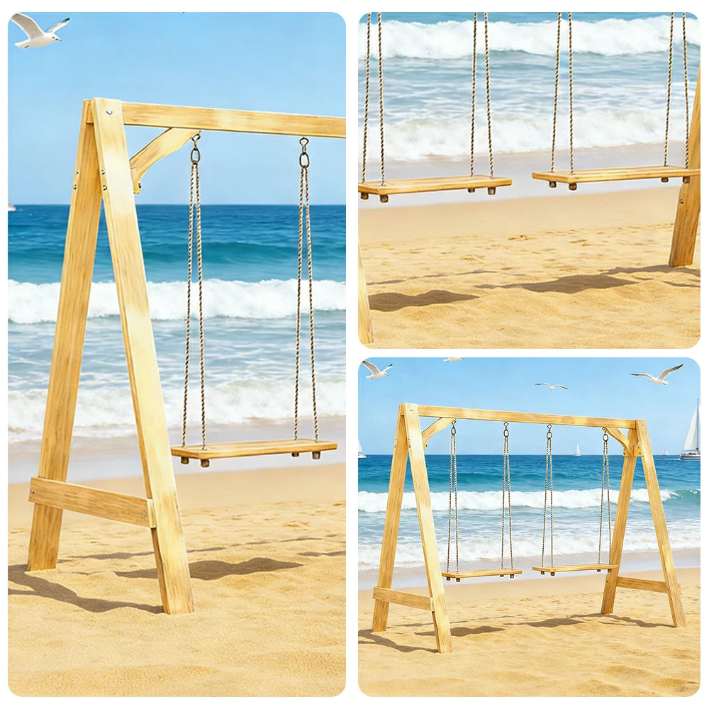 SOLARA 125/212/263cm Outdoor Swing Set Triangular Frame Solid Pine Wood ACQ Treated Heavy-Duty Rope Support - Yellow