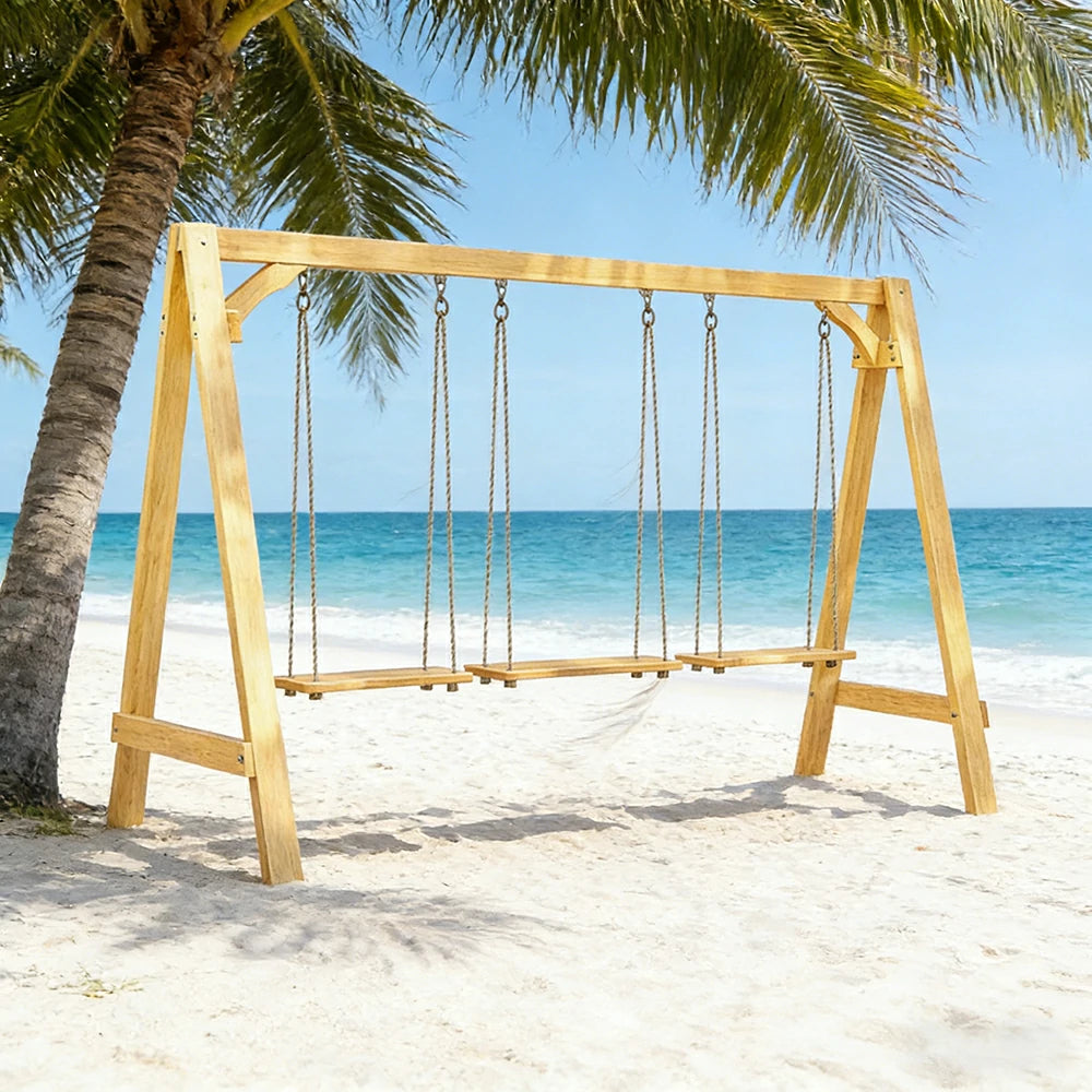 SOLARA 125/212/263cm Outdoor Swing Set Triangular Frame Solid Pine Wood ACQ Treated Heavy-Duty Rope Support - Yellow