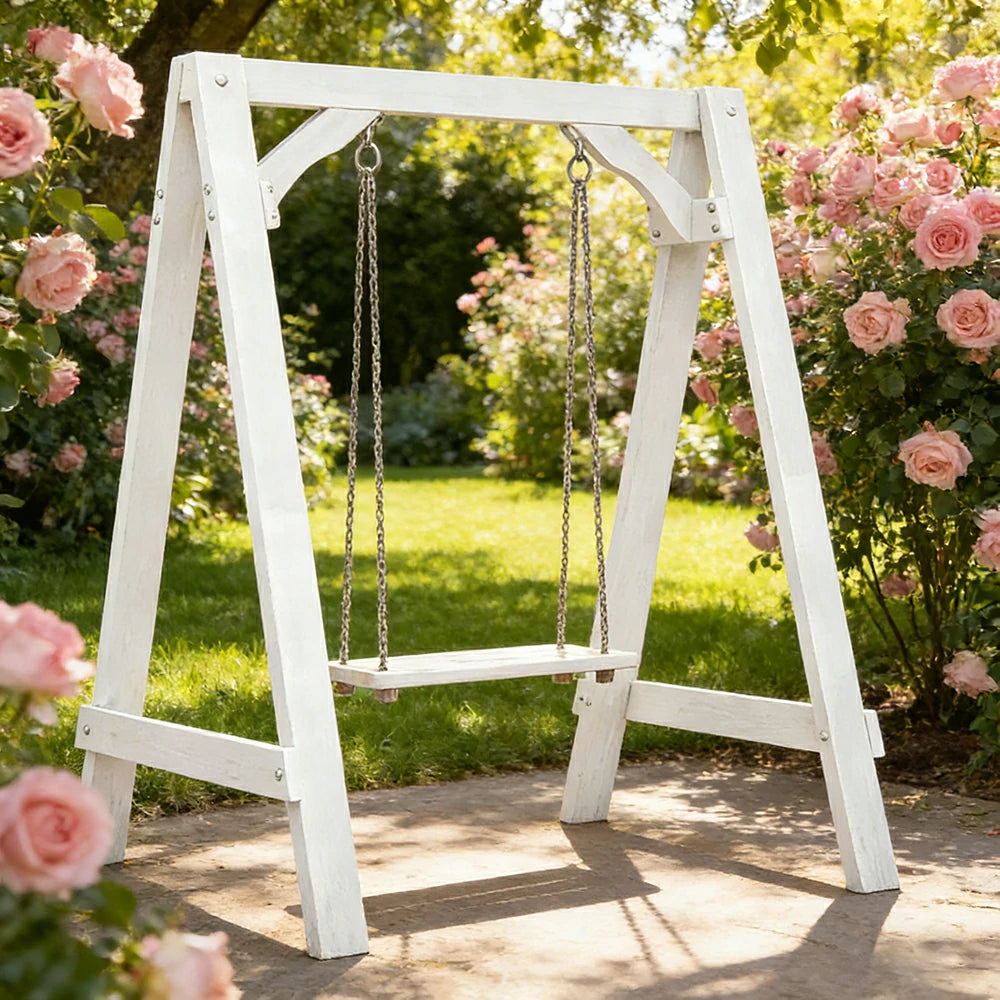 SOLARA 125/212/263cm Outdoor Swing Set Triangular Frame Solid Pine Wood ACQ Treated Heavy-Duty Rope Support - White