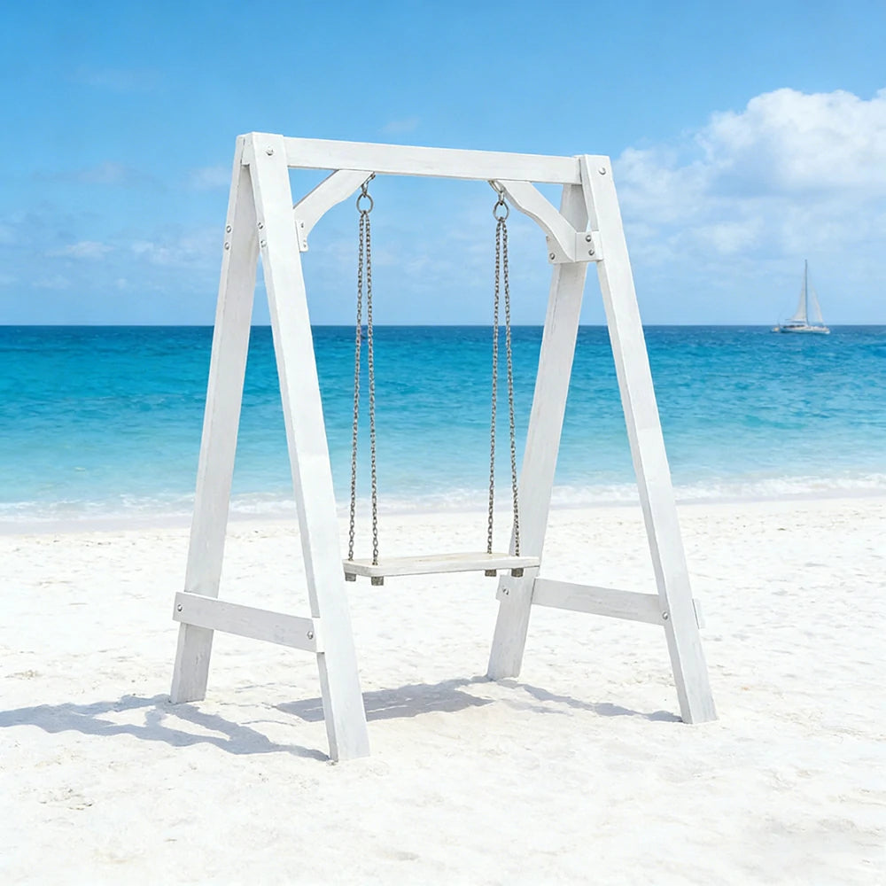 SOLARA 125/212/263cm Outdoor Swing Set Triangular Frame Solid Pine Wood ACQ Treated Heavy-Duty Rope Support - White