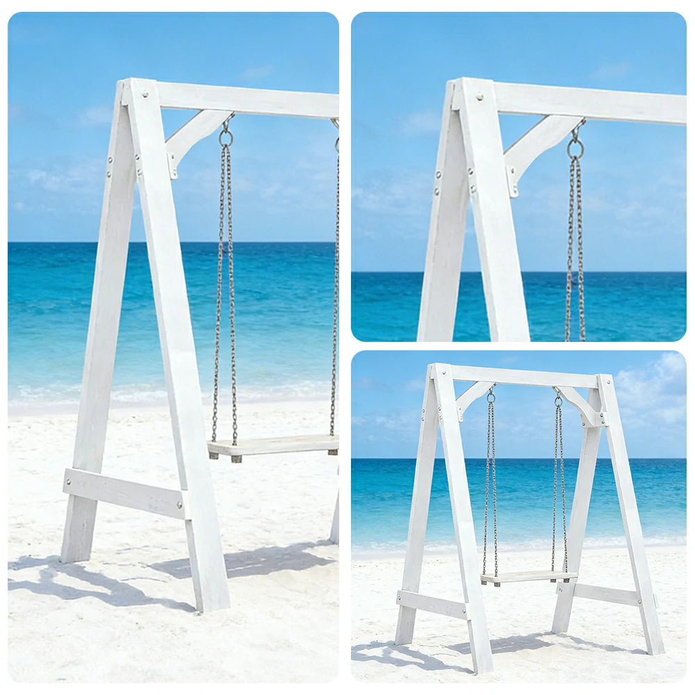 SOLARA 125/212/263cm Outdoor Swing Set Triangular Frame Solid Pine Wood ACQ Treated Heavy-Duty Rope Support - White