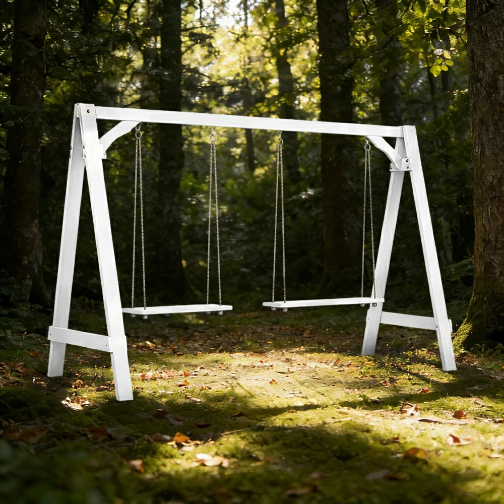 SOLARA 125/212/263cm Outdoor Swing Set Triangular Frame Solid Pine Wood ACQ Treated Heavy-Duty Rope Support - White