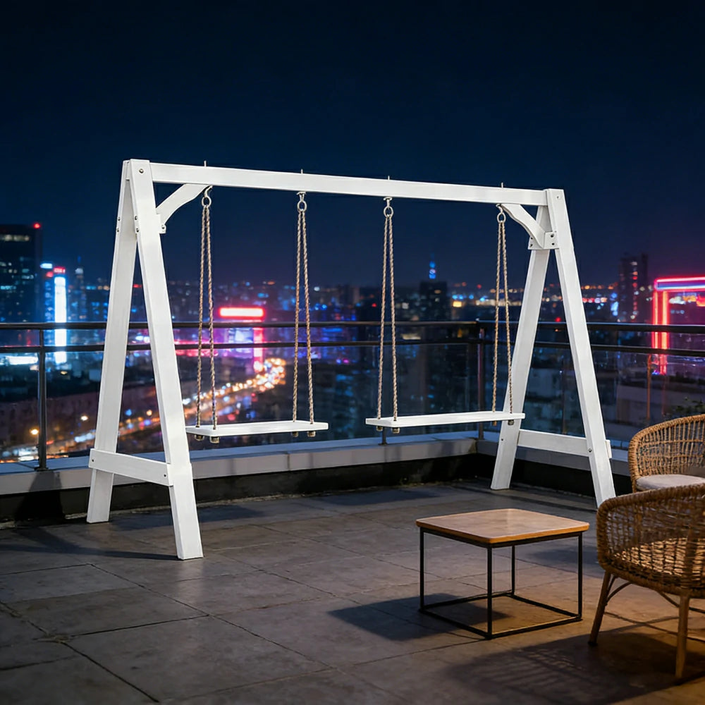 SOLARA 125/212/263cm Outdoor Swing Set Triangular Frame Solid Pine Wood ACQ Treated Heavy-Duty Rope Support - White