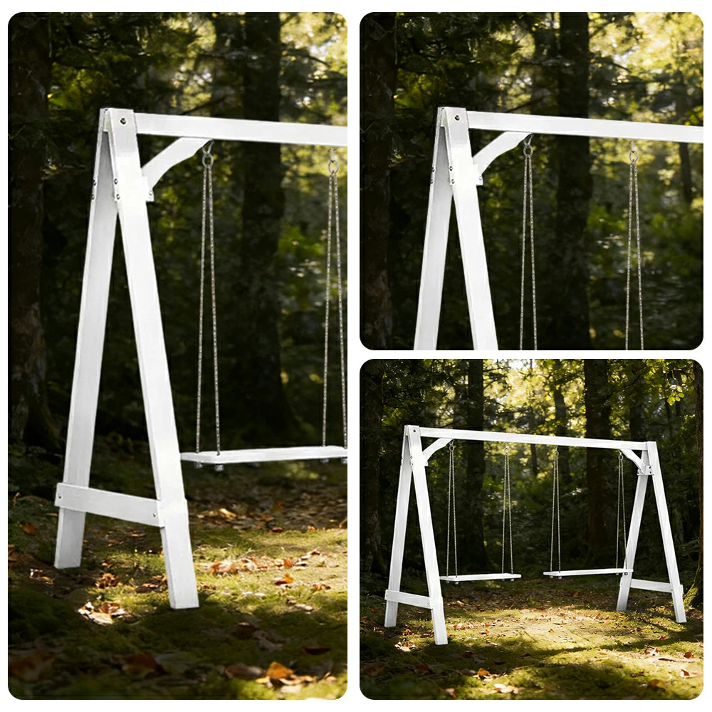 SOLARA 125/212/263cm Outdoor Swing Set Triangular Frame Solid Pine Wood ACQ Treated Heavy-Duty Rope Support - White