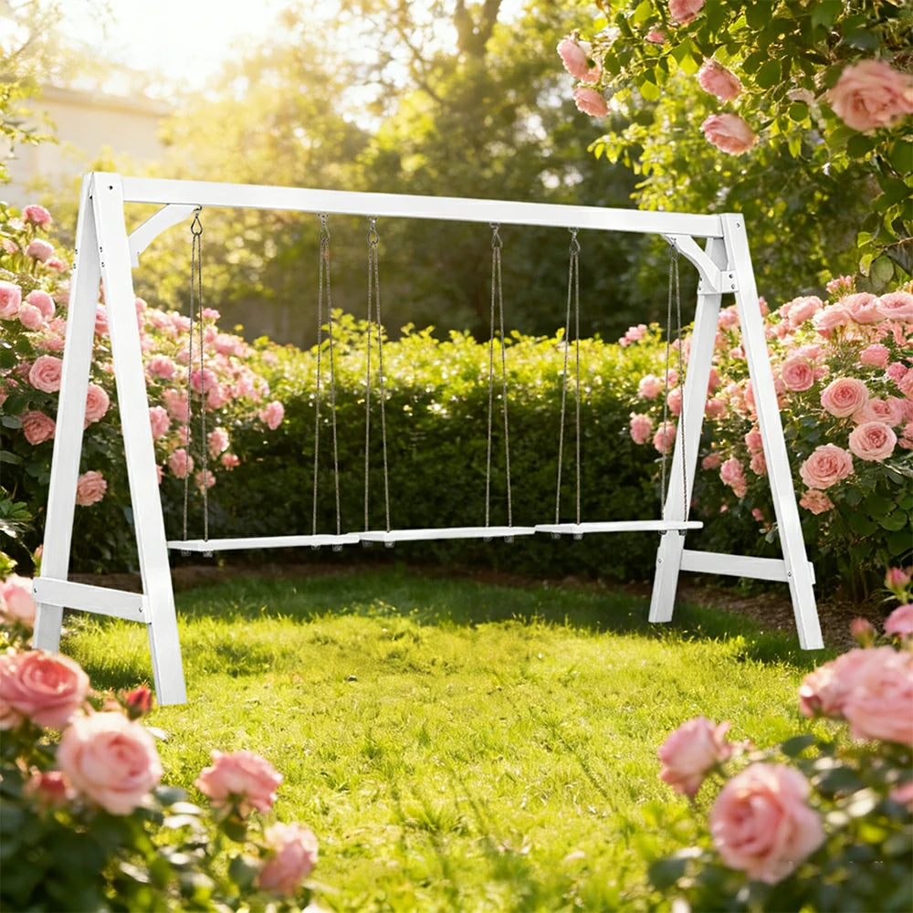 SOLARA 125/212/263cm Outdoor Swing Set Triangular Frame Solid Pine Wood ACQ Treated Heavy-Duty Rope Support - White