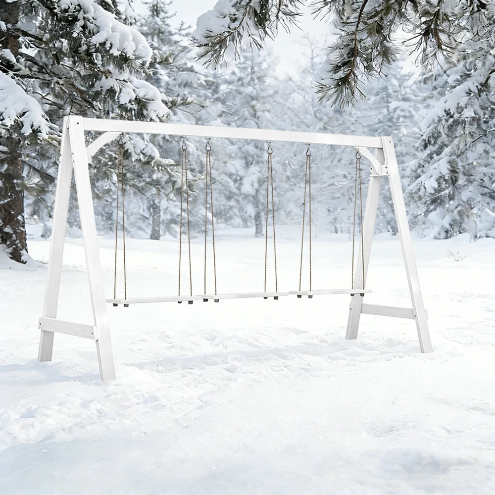 SOLARA 125/212/263cm Outdoor Swing Set Triangular Frame Solid Pine Wood ACQ Treated Heavy-Duty Rope Support - White