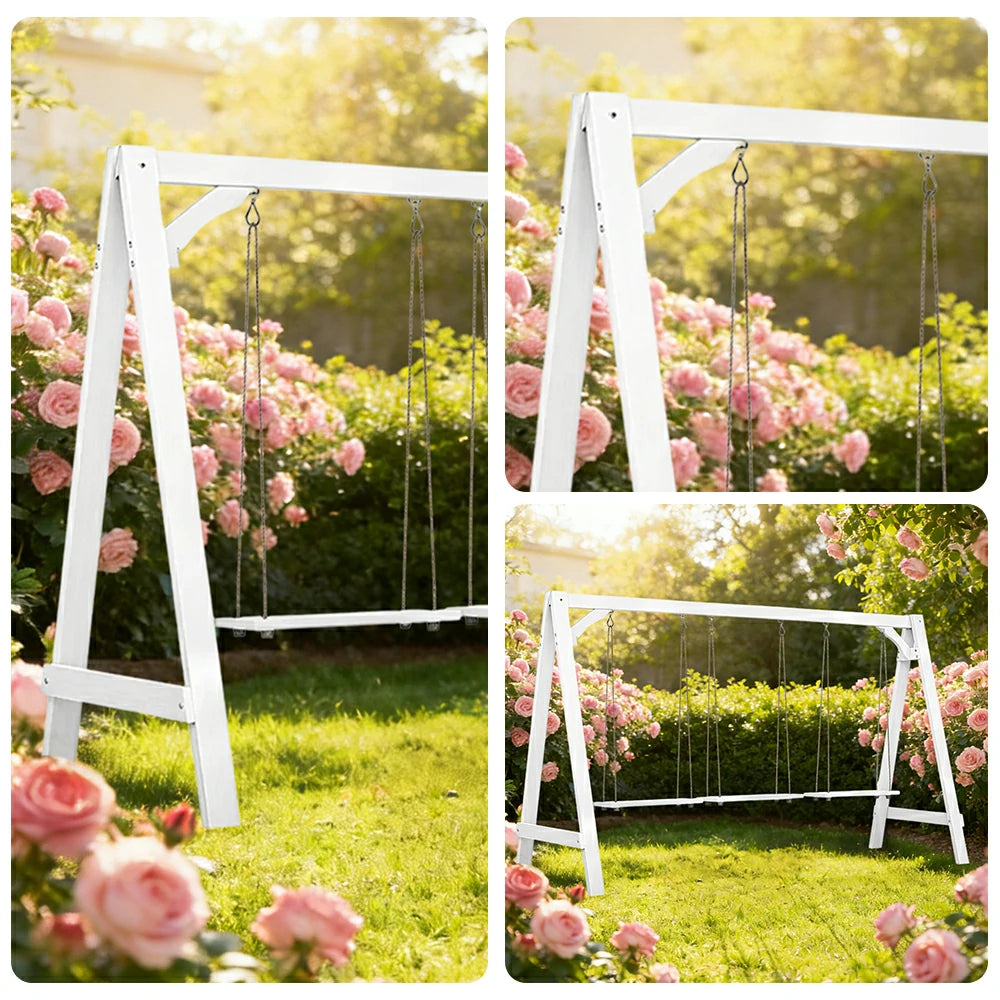 SOLARA 125/212/263cm Outdoor Swing Set Triangular Frame Solid Pine Wood ACQ Treated Heavy-Duty Rope Support - White