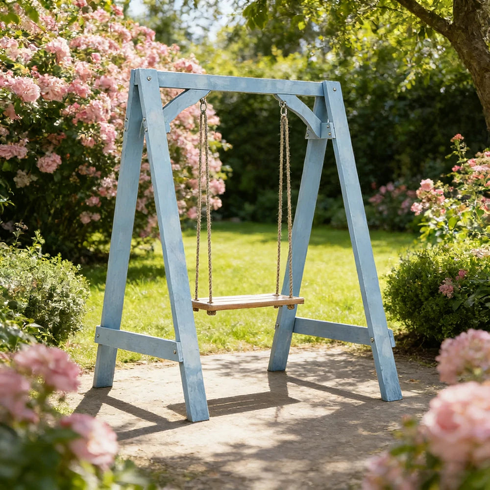 SOLARA 125/212/263cm Outdoor Swing Set Triangular Frame Solid Pine Wood ACQ Treated Heavy-Duty Rope Support - Blue