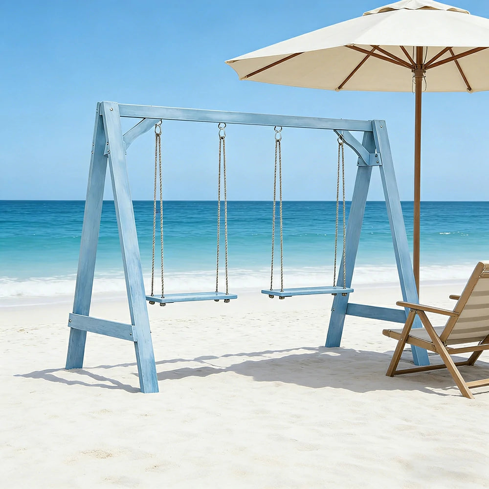 SOLARA 125/212/263cm Outdoor Swing Set Triangular Frame Solid Pine Wood ACQ Treated Heavy-Duty Rope Support - Blue