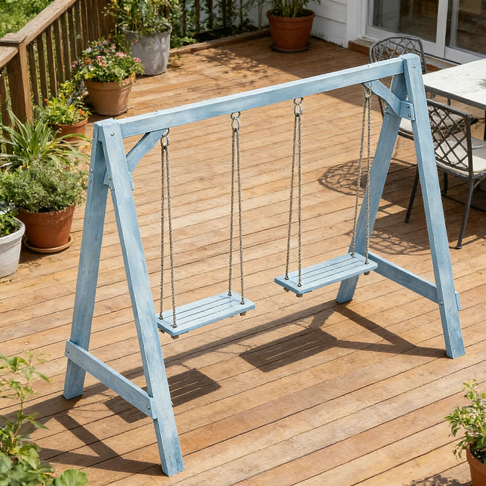 SOLARA 125/212/263cm Outdoor Swing Set Triangular Frame Solid Pine Wood ACQ Treated Heavy-Duty Rope Support - Blue