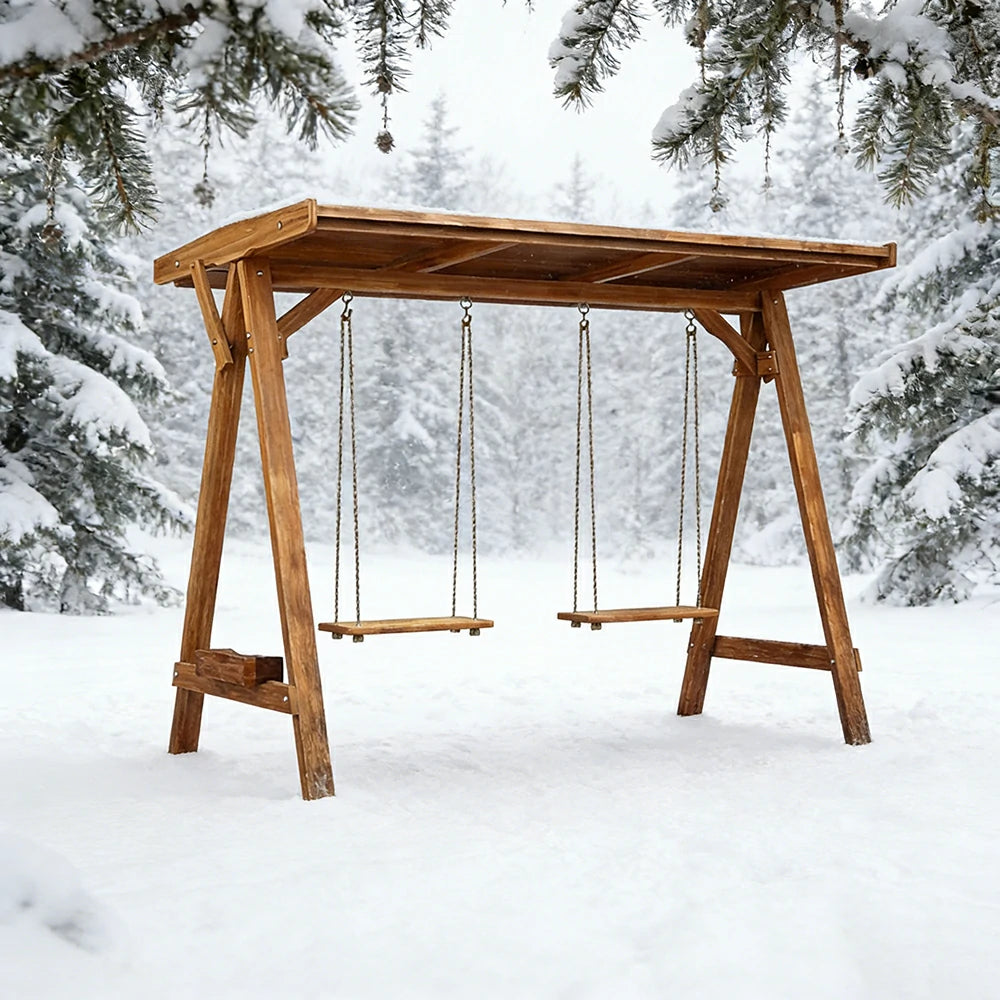 SOLARA 210/273cm Outdoor Swing Set with Canopy Triangular Frame Solid Pine Wood ACQ Treated Heavy-Duty Rope - Brown