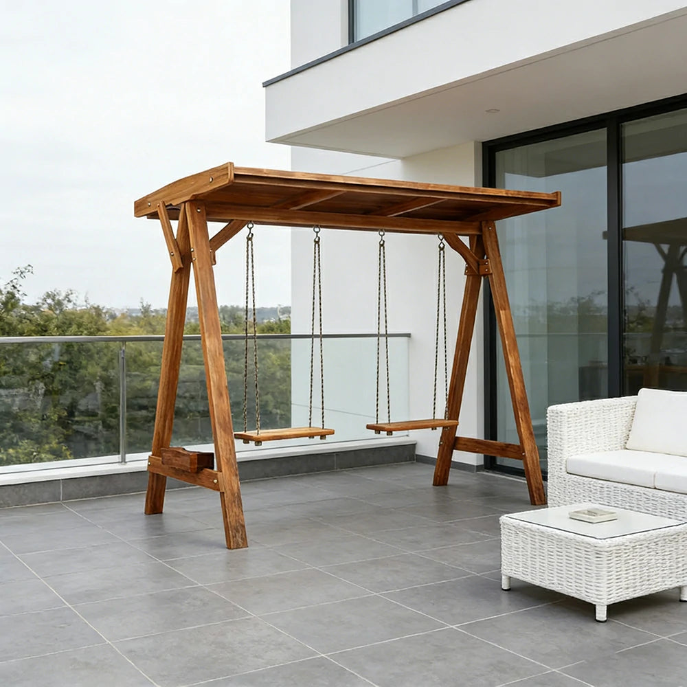 SOLARA 210/273cm Outdoor Swing Set with Canopy Triangular Frame Solid Pine Wood ACQ Treated Heavy-Duty Rope - Brown