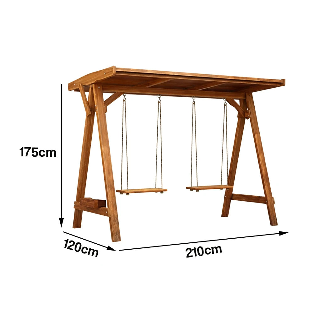 SOLARA 210/273cm Outdoor Swing Set with Canopy Triangular Frame Solid Pine Wood ACQ Treated Heavy-Duty Rope - Brown