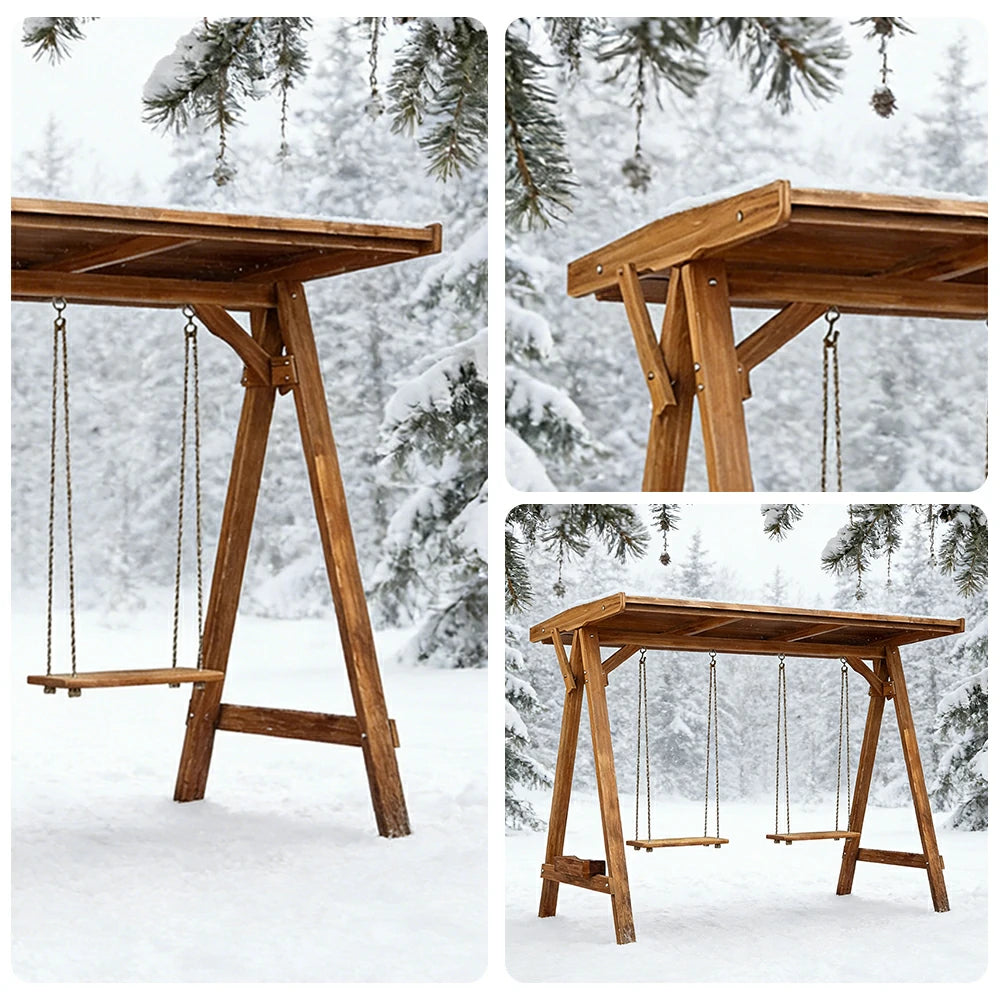 SOLARA 210/273cm Outdoor Swing Set with Canopy Triangular Frame Solid Pine Wood ACQ Treated Heavy-Duty Rope - Brown