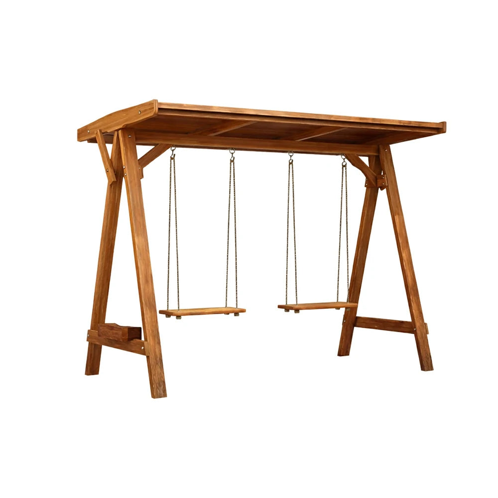 SOLARA 210/273cm Outdoor Swing Set with Canopy Triangular Frame Solid Pine Wood ACQ Treated Heavy-Duty Rope - Brown