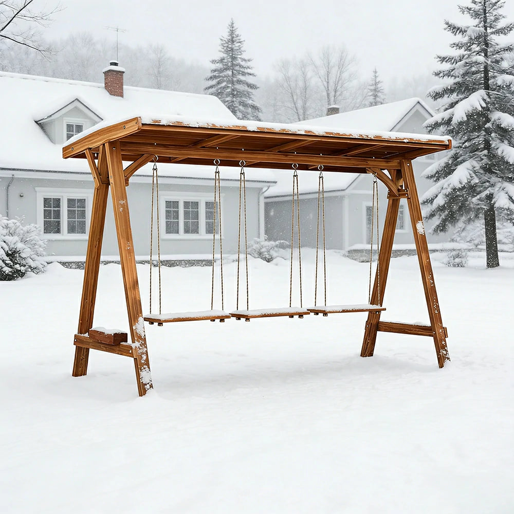 SOLARA 210/273cm Outdoor Swing Set with Canopy Triangular Frame Solid Pine Wood ACQ Treated Heavy-Duty Rope - Brown