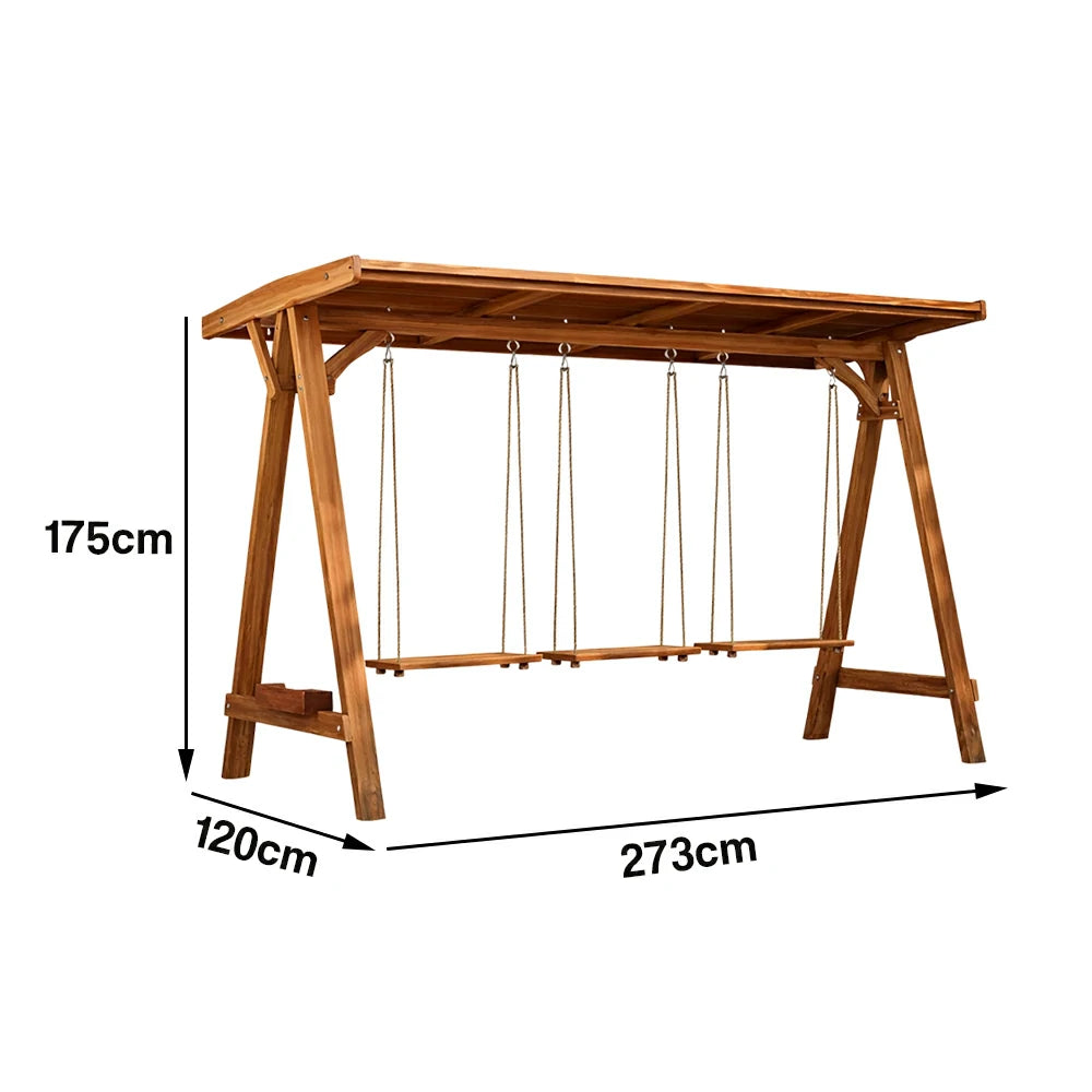 SOLARA 210/273cm Outdoor Swing Set with Canopy Triangular Frame Solid Pine Wood ACQ Treated Heavy-Duty Rope - Brown
