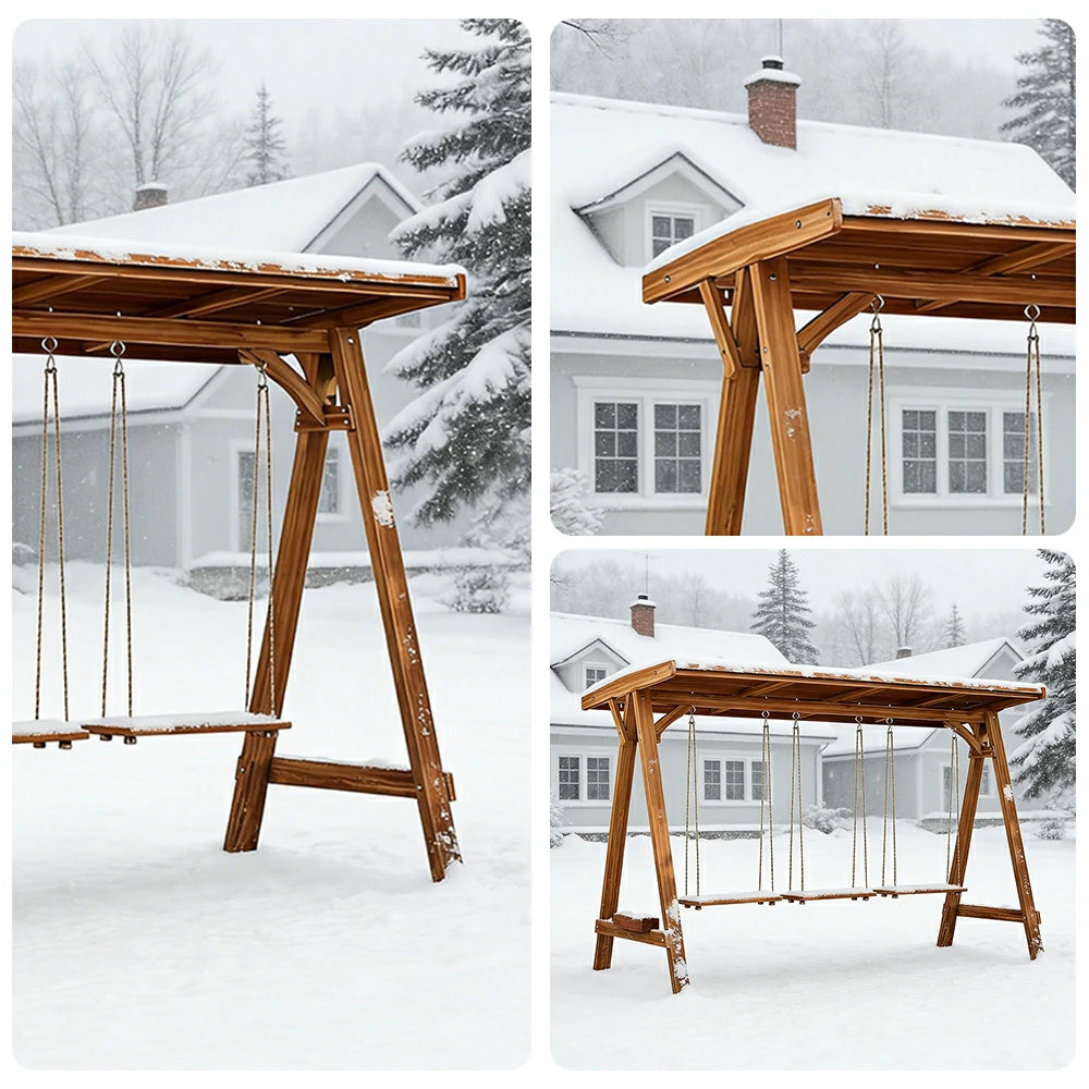 SOLARA 210/273cm Outdoor Swing Set with Canopy Triangular Frame Solid Pine Wood ACQ Treated Heavy-Duty Rope - Brown