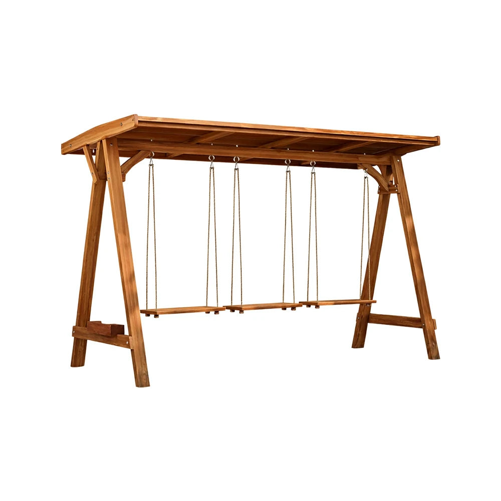 SOLARA 210/273cm Outdoor Swing Set with Canopy Triangular Frame Solid Pine Wood ACQ Treated Heavy-Duty Rope - Brown