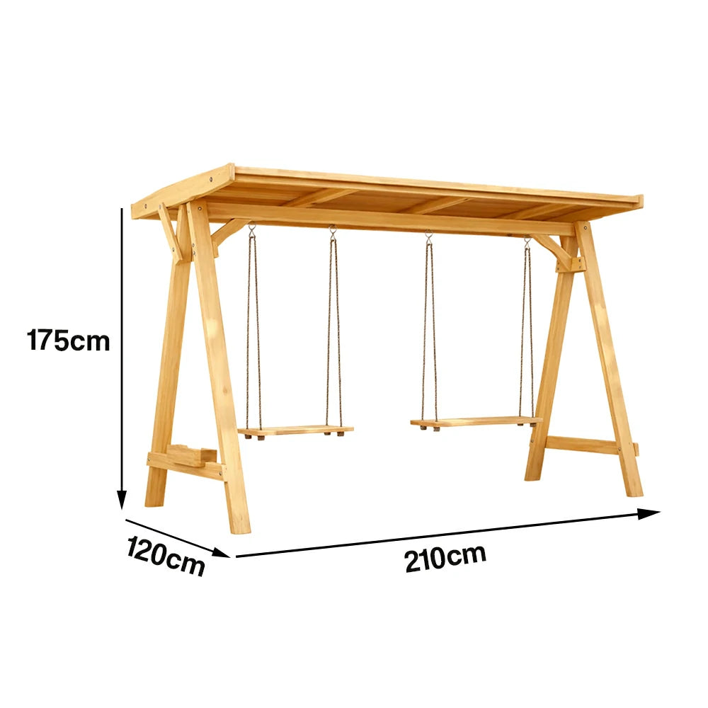 SOLARA 210/273cm Outdoor Swing Set with Canopy Triangular Frame Solid Pine Wood ACQ Treated Heavy-Duty Rope - Yellow