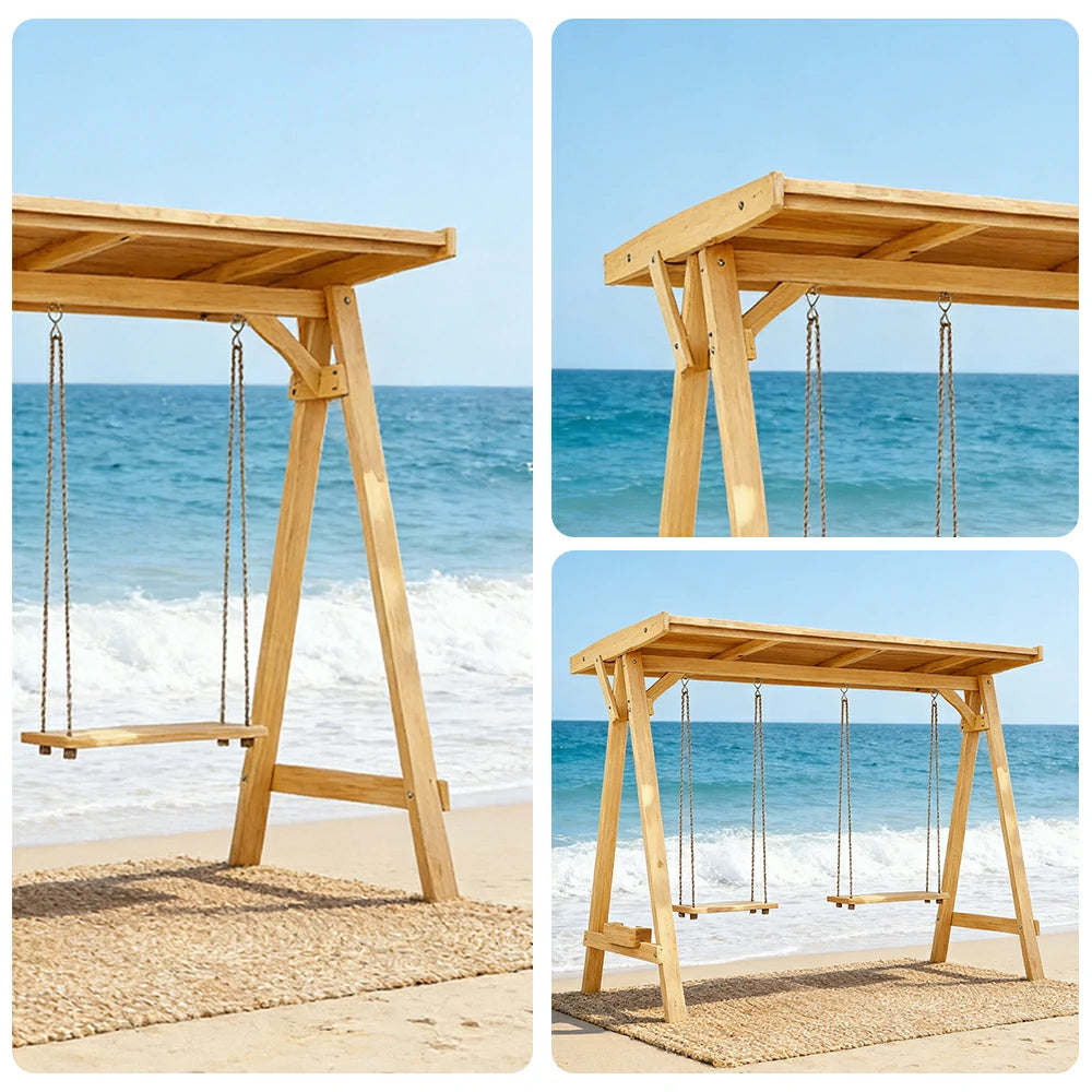 SOLARA 210/273cm Outdoor Swing Set with Canopy Triangular Frame Solid Pine Wood ACQ Treated Heavy-Duty Rope - Yellow