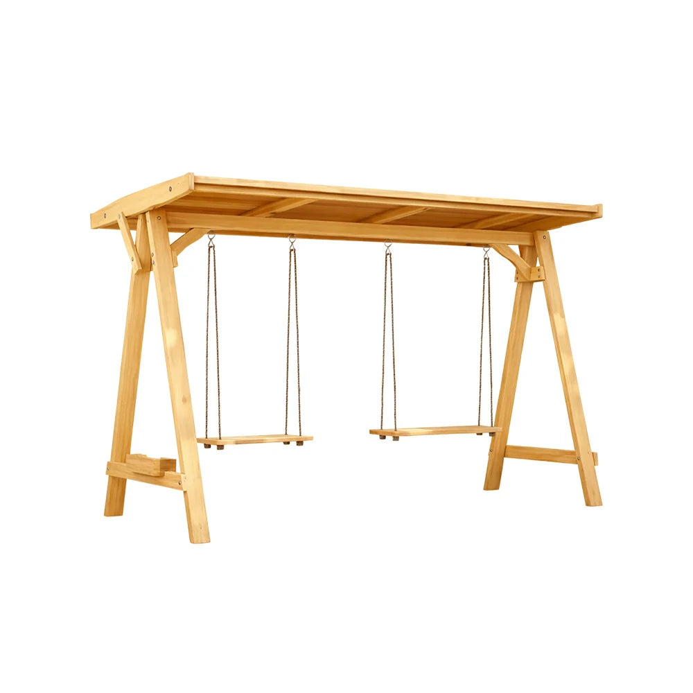 SOLARA 210/273cm Outdoor Swing Set with Canopy Triangular Frame Solid Pine Wood ACQ Treated Heavy-Duty Rope - Yellow