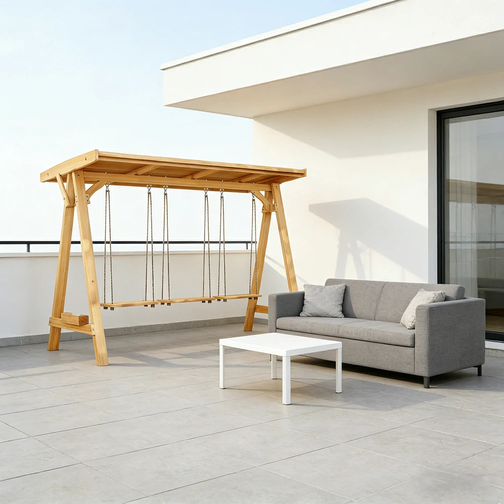 SOLARA 210/273cm Outdoor Swing Set with Canopy Triangular Frame Solid Pine Wood ACQ Treated Heavy-Duty Rope - Yellow