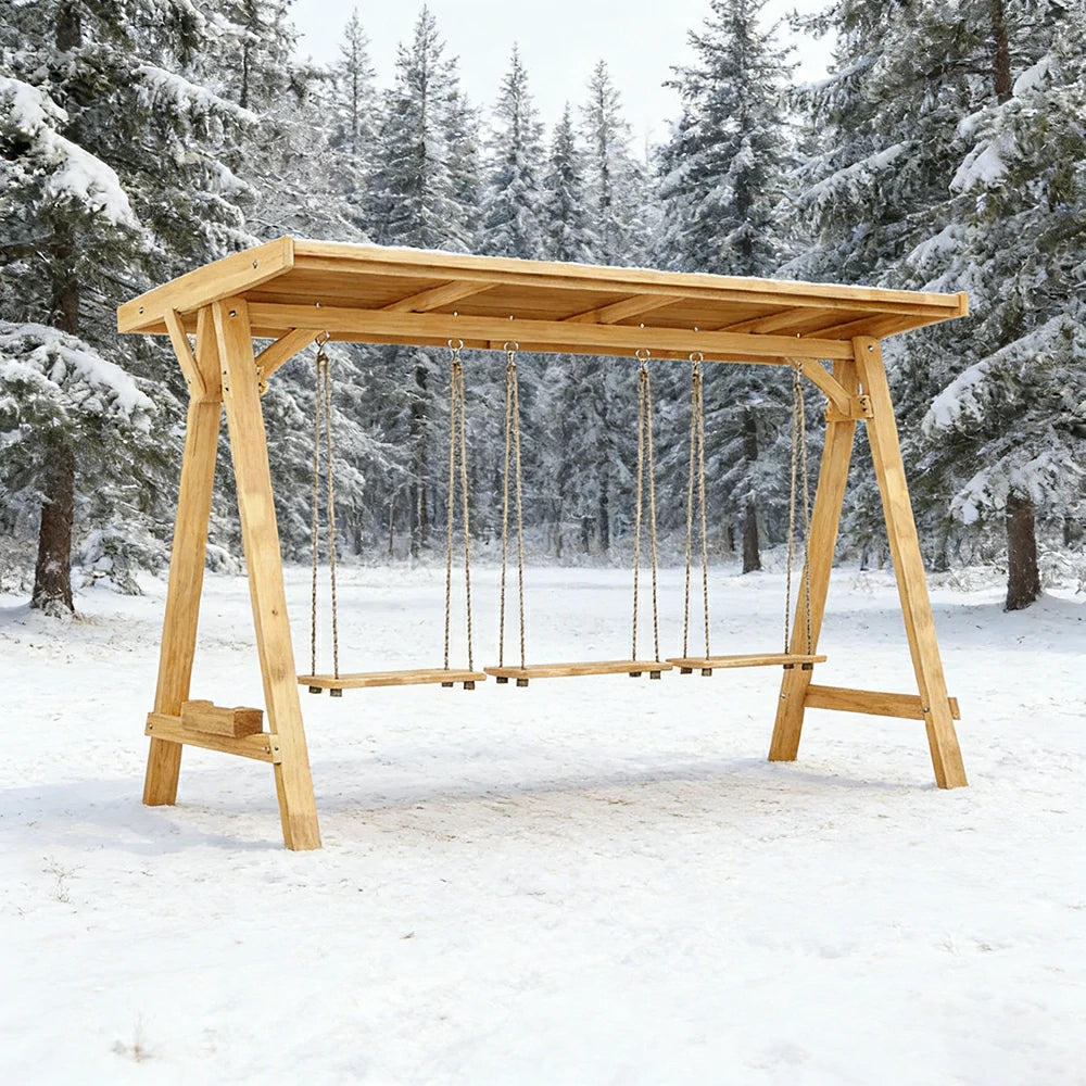 SOLARA 210/273cm Outdoor Swing Set with Canopy Triangular Frame Solid Pine Wood ACQ Treated Heavy-Duty Rope - Yellow