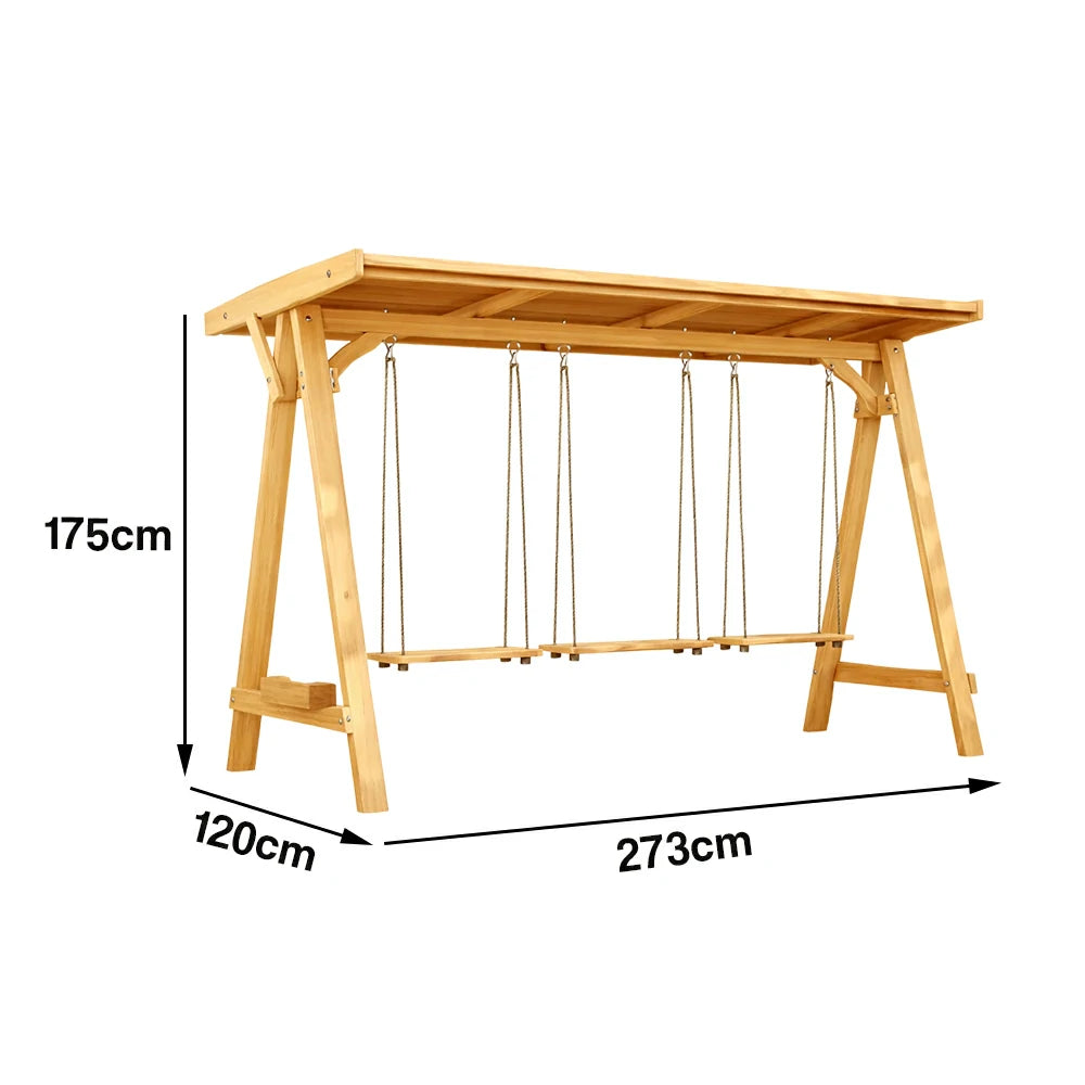 SOLARA 210/273cm Outdoor Swing Set with Canopy Triangular Frame Solid Pine Wood ACQ Treated Heavy-Duty Rope - Yellow