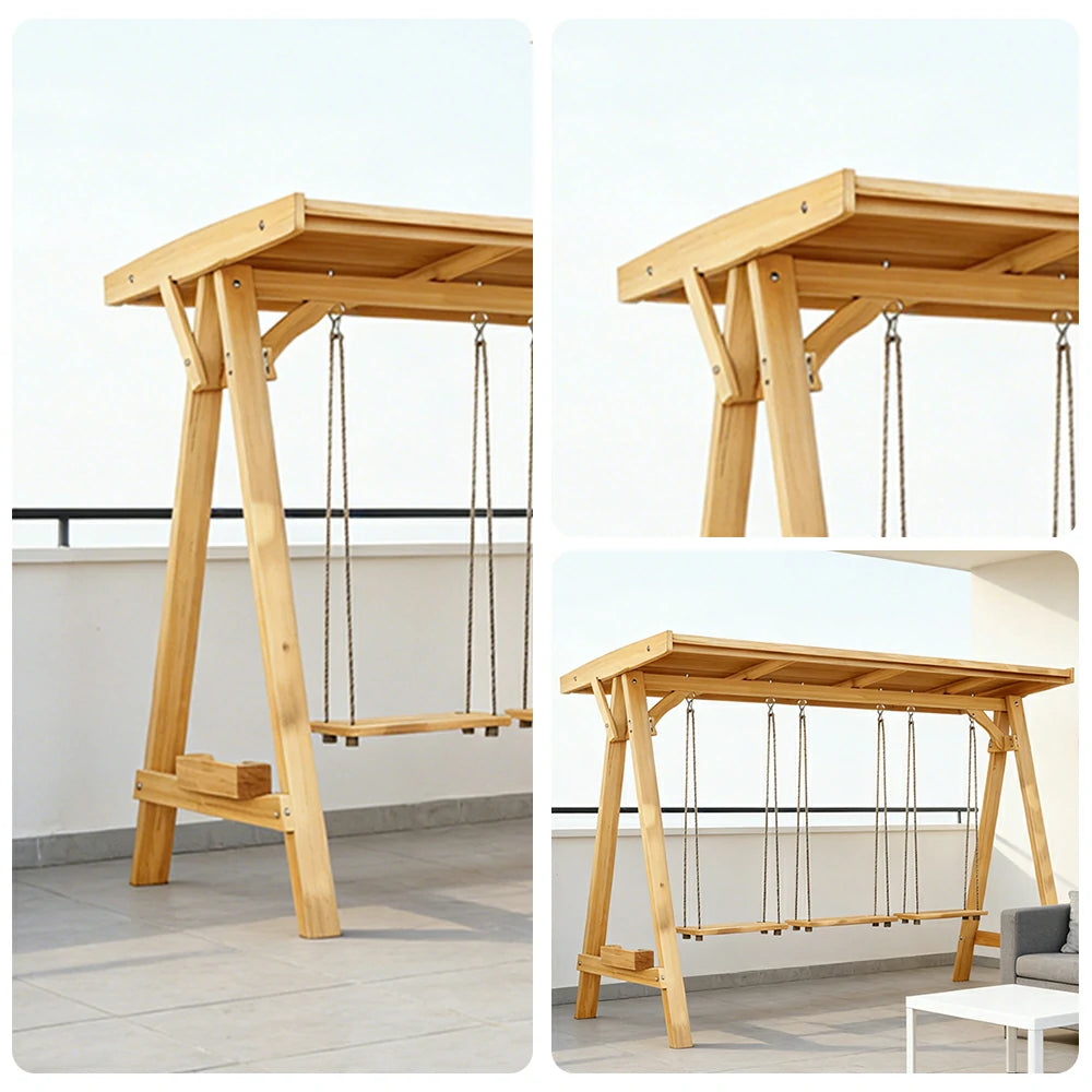 SOLARA 210/273cm Outdoor Swing Set with Canopy Triangular Frame Solid Pine Wood ACQ Treated Heavy-Duty Rope - Yellow