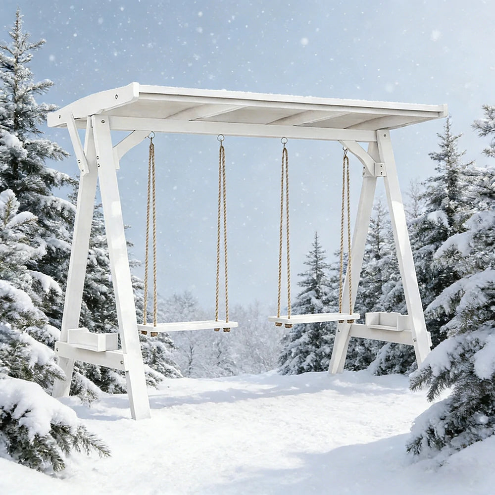 SOLARA 210/273cm Outdoor Swing Set with Canopy Triangular Frame Solid Pine Wood ACQ Treated Heavy-Duty Rope - White