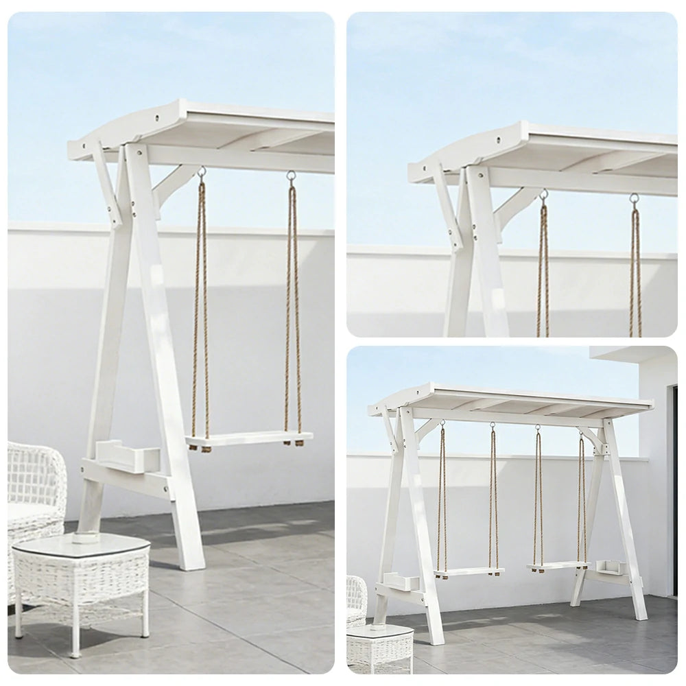 SOLARA 210/273cm Outdoor Swing Set with Canopy Triangular Frame Solid Pine Wood ACQ Treated Heavy-Duty Rope - White