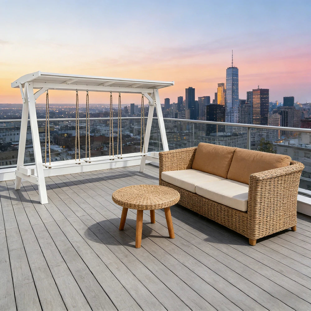 SOLARA 210/273cm Outdoor Swing Set with Canopy Triangular Frame Solid Pine Wood ACQ Treated Heavy-Duty Rope - White