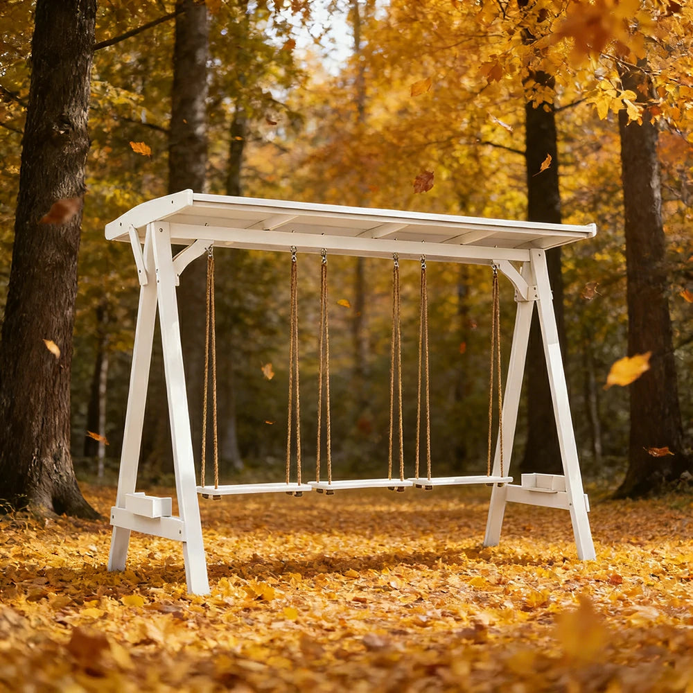 SOLARA 210/273cm Outdoor Swing Set with Canopy Triangular Frame Solid Pine Wood ACQ Treated Heavy-Duty Rope - White