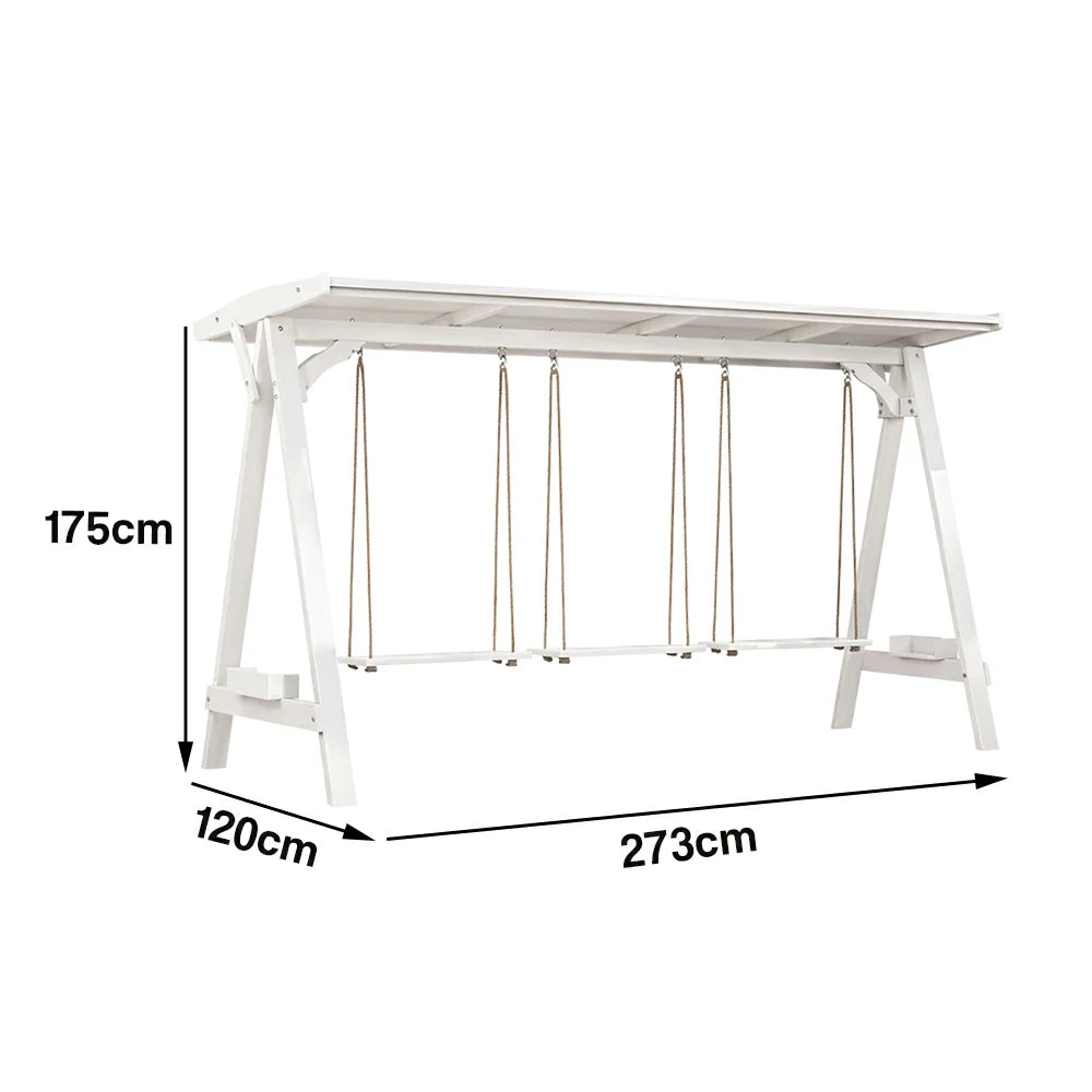 SOLARA 210/273cm Outdoor Swing Set with Canopy Triangular Frame Solid Pine Wood ACQ Treated Heavy-Duty Rope - White
