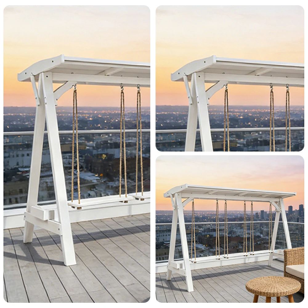 SOLARA 210/273cm Outdoor Swing Set with Canopy Triangular Frame Solid Pine Wood ACQ Treated Heavy-Duty Rope - White