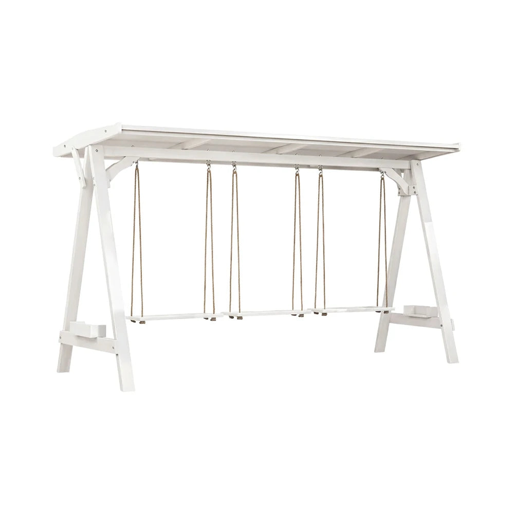 SOLARA 210/273cm Outdoor Swing Set with Canopy Triangular Frame Solid Pine Wood ACQ Treated Heavy-Duty Rope - White