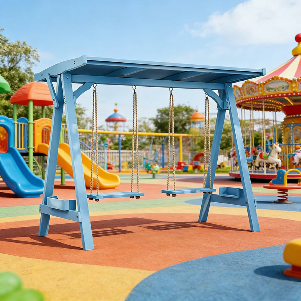 SOLARA 210/273cm Outdoor Swing Set with Canopy Triangular Frame Solid Pine Wood ACQ Treated Heavy-Duty Rope - Blue