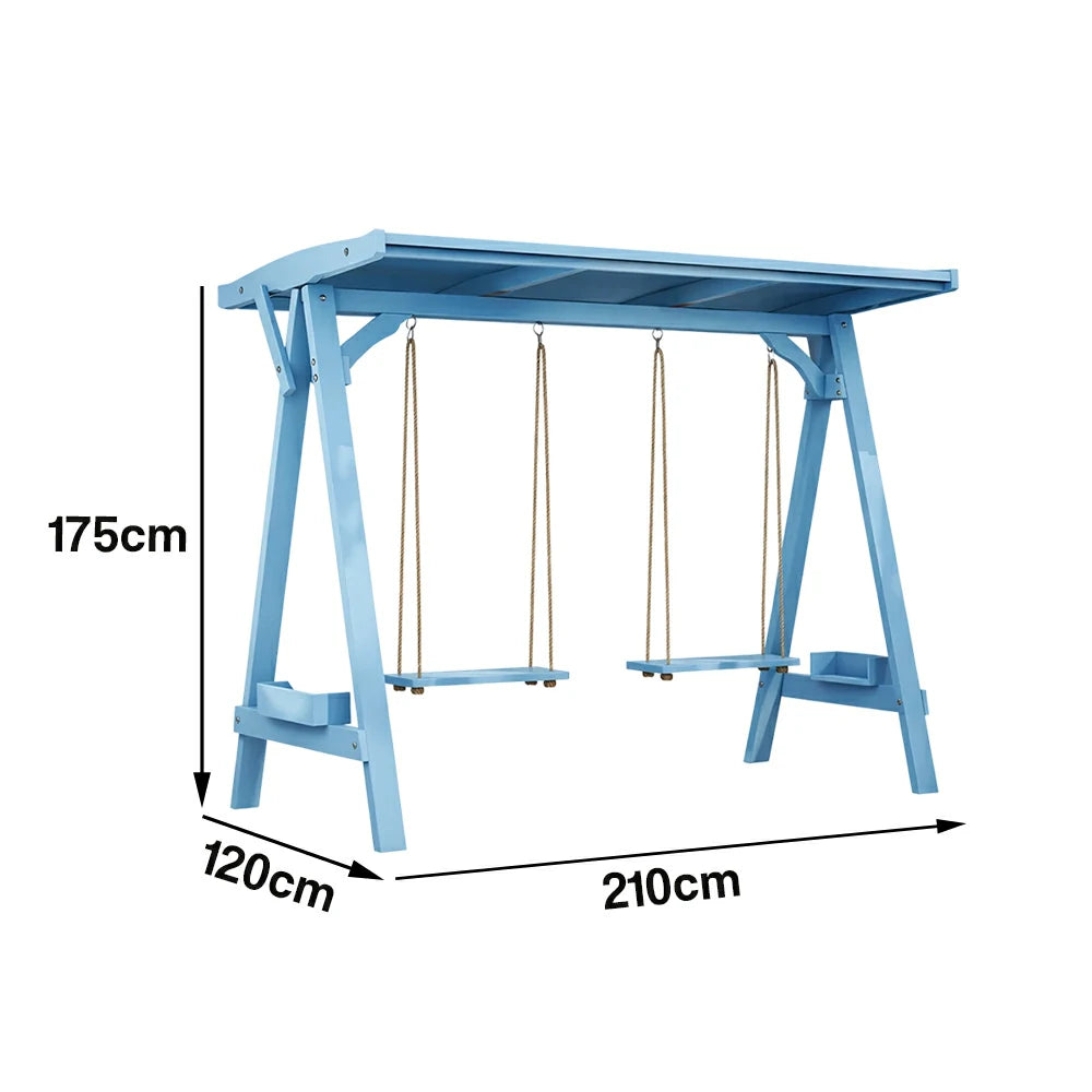 SOLARA 210/273cm Outdoor Swing Set with Canopy Triangular Frame Solid Pine Wood ACQ Treated Heavy-Duty Rope - Blue
