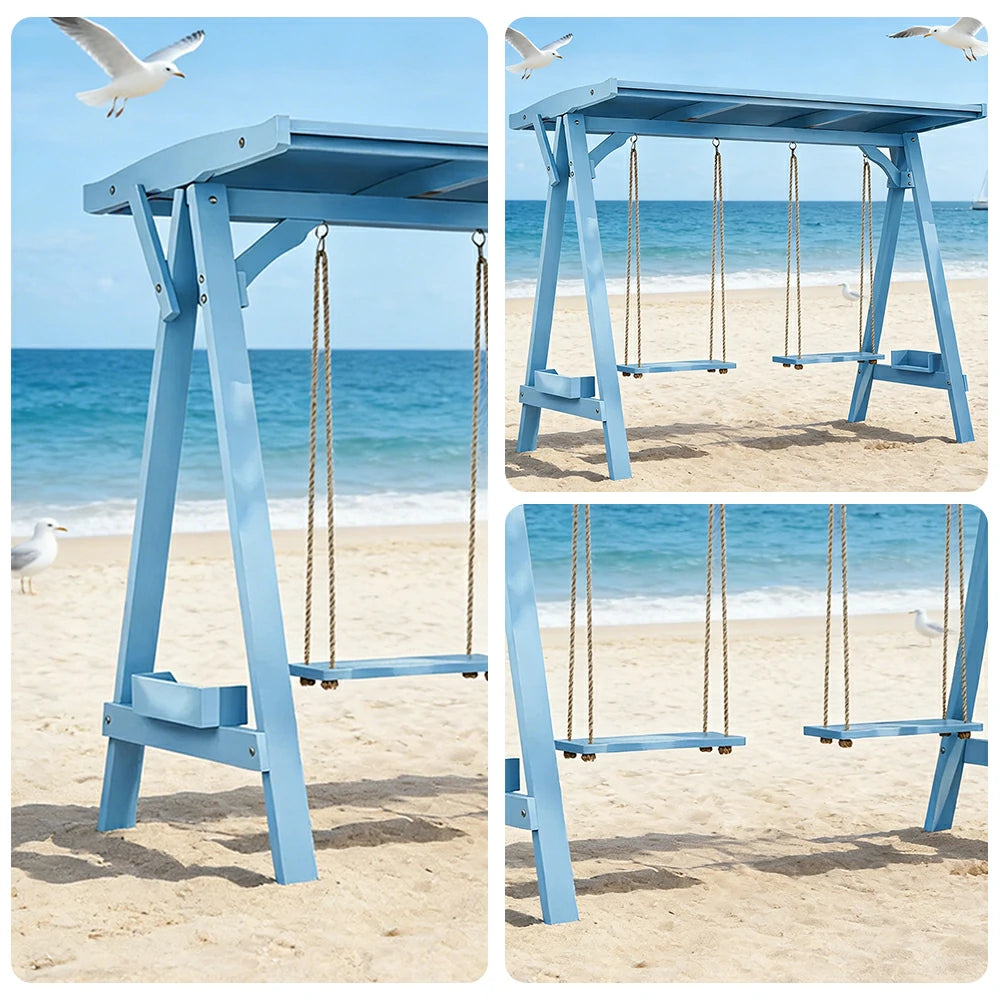 SOLARA 210/273cm Outdoor Swing Set with Canopy Triangular Frame Solid Pine Wood ACQ Treated Heavy-Duty Rope - Blue