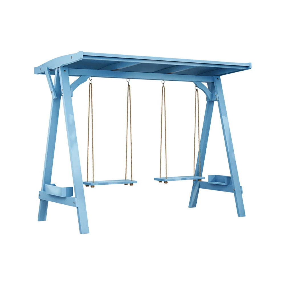 SOLARA 210/273cm Outdoor Swing Set with Canopy Triangular Frame Solid Pine Wood ACQ Treated Heavy-Duty Rope - Blue
