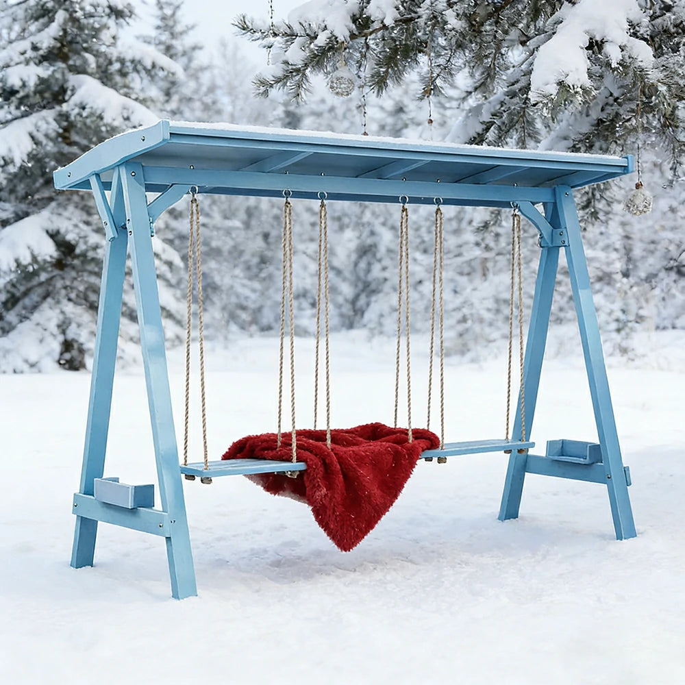 SOLARA 210/273cm Outdoor Swing Set with Canopy Triangular Frame Solid Pine Wood ACQ Treated Heavy-Duty Rope - Blue