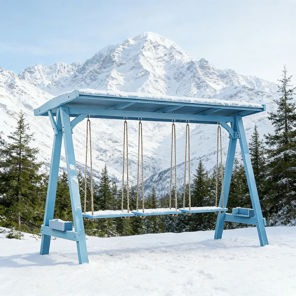 SOLARA 210/273cm Outdoor Swing Set with Canopy Triangular Frame Solid Pine Wood ACQ Treated Heavy-Duty Rope - Blue